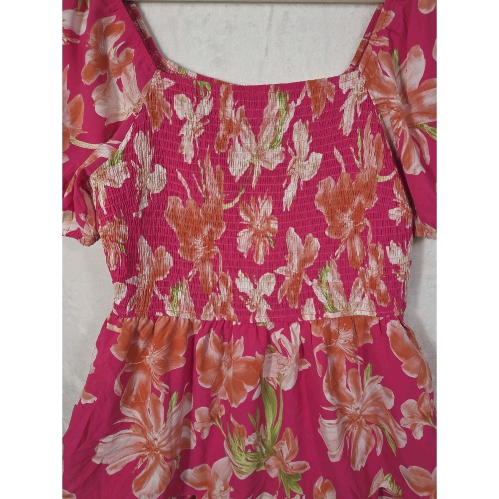 NWT BTFBM Pink Floral Smocked Maxi Dress Puff Sleeve Tiered Boho Women's L - Picture 3 of 12